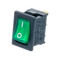 Выключатель клавишный (рокерный) 220В, 3 контакта (on-off), 19х13мм, с подсветкой, зеленый SWR-41G/L